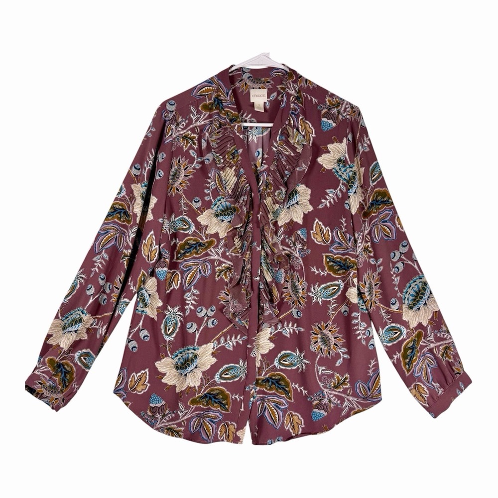 Chicos Size-2 Womens Blouse Boho Mauve Plum Floral Ruffle Shirt Long Sleeve
